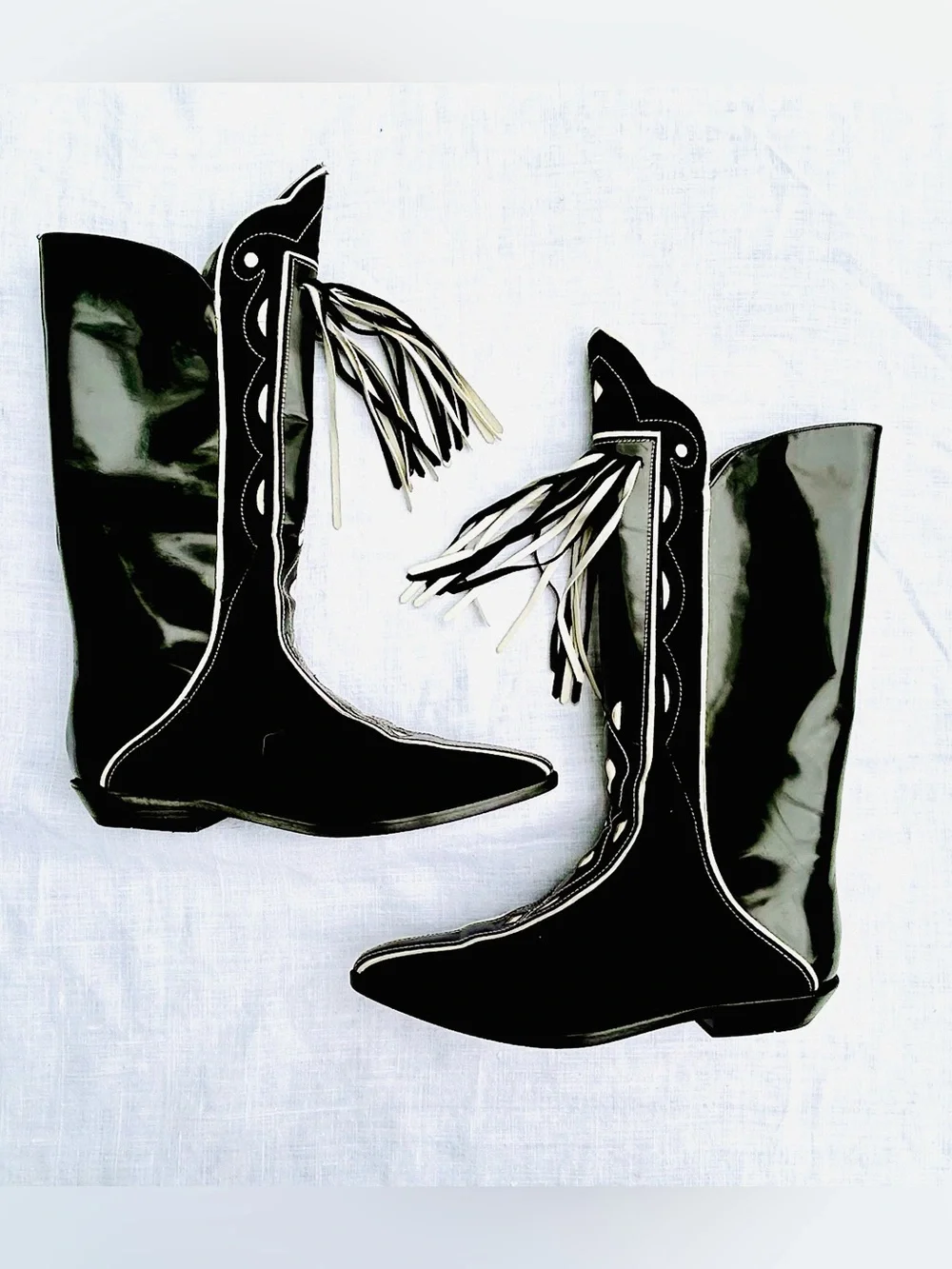 Rare Vintage 80s Charles Jourdan Black Patent & Suede Fringe Western CowboyBoots - Picture 2 of 16